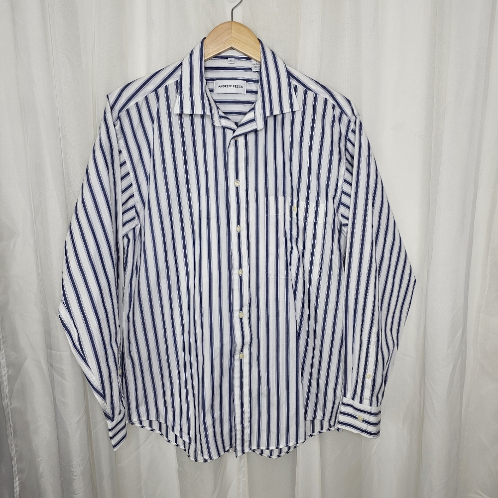 Andrew Fezza Men's White And Blue Striped Button Down Shirt Size 16